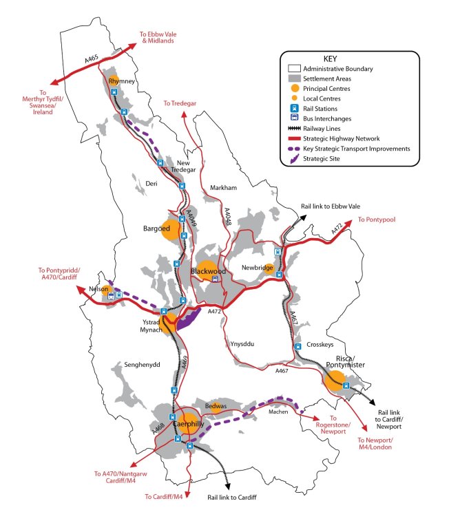 Preferred Strategy Key Diagram. Map marked with Administrative boundary, settlement areas, principal centres, local centres, rail stations, bus interchanges, railway lines, strategic highway network, Key Strategic Transport Improvements and Strategic sites. 