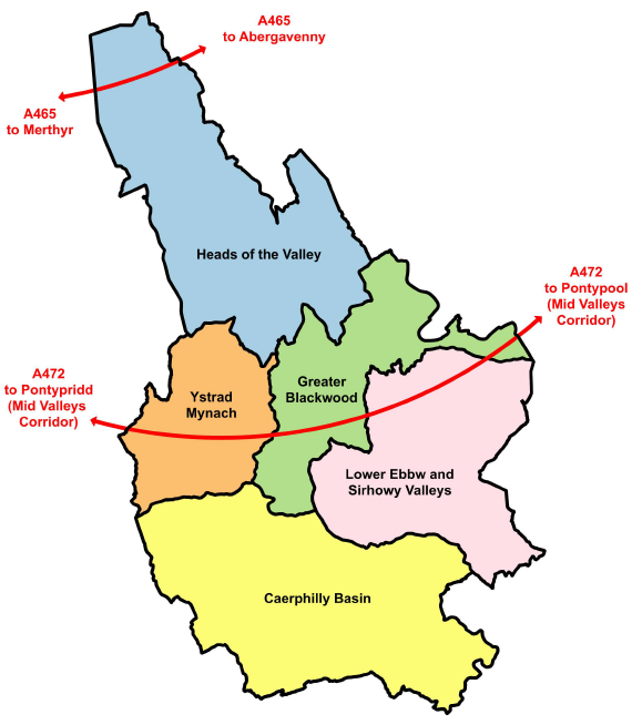 Map of South Wales Valleys colour-coded into regions: Heads of the Valley (blue), Ystrad Mynach (orange), Greater Blackwood (green), Lower Ebbw and Sirhowy Valleys (pink), Caerphilly Basin (yellow). Red lines indicate A465 to Merthyr, A465 to Abergavenny, A472 to Pontypridd (Mid Valleys Corridor), and A472 to Pontypool (Mid Valleys Corridor).