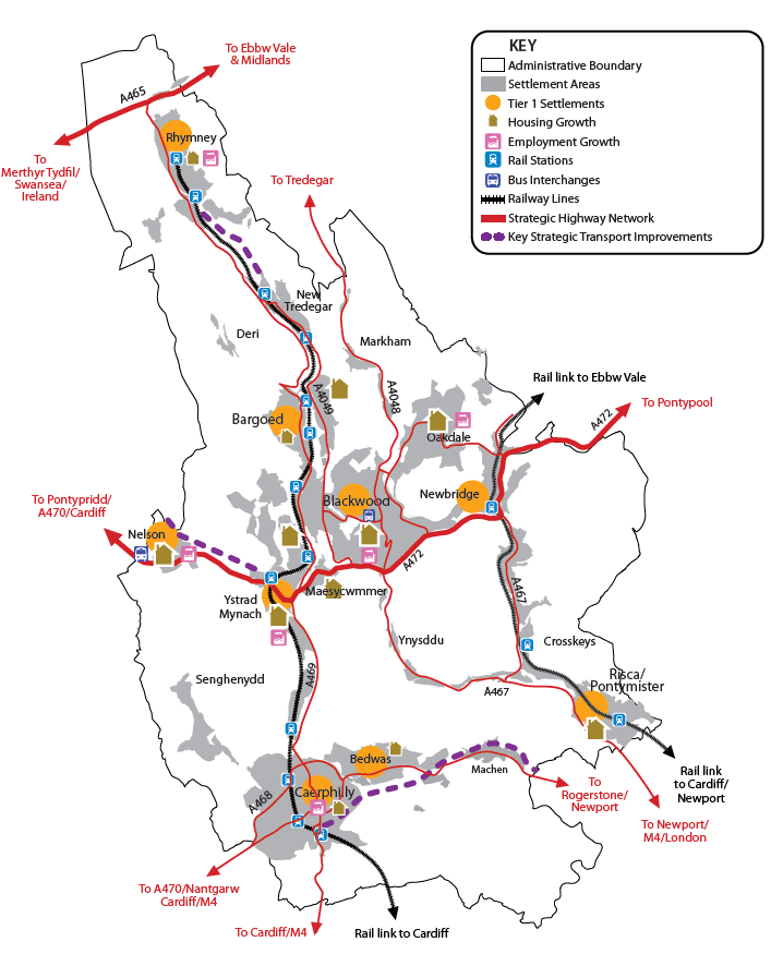 A map of administrative areas, marked with settlements, housing and employment growth, rail stations, bus interchanges, railway lines, strategic highway network, and key transport improvements. Red arrows indicate directions to nearby towns and rail links.
