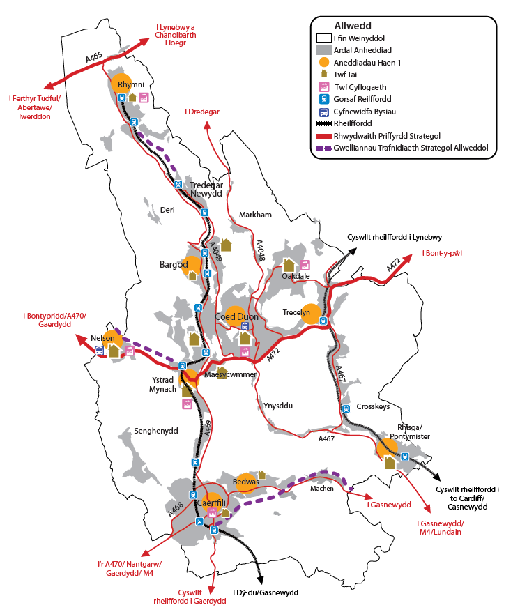 Map of Allwed with roads, railway lines, and stations in Wales. Colour-coded icons indicate various areas and transport hubs, with a legend in the top right.